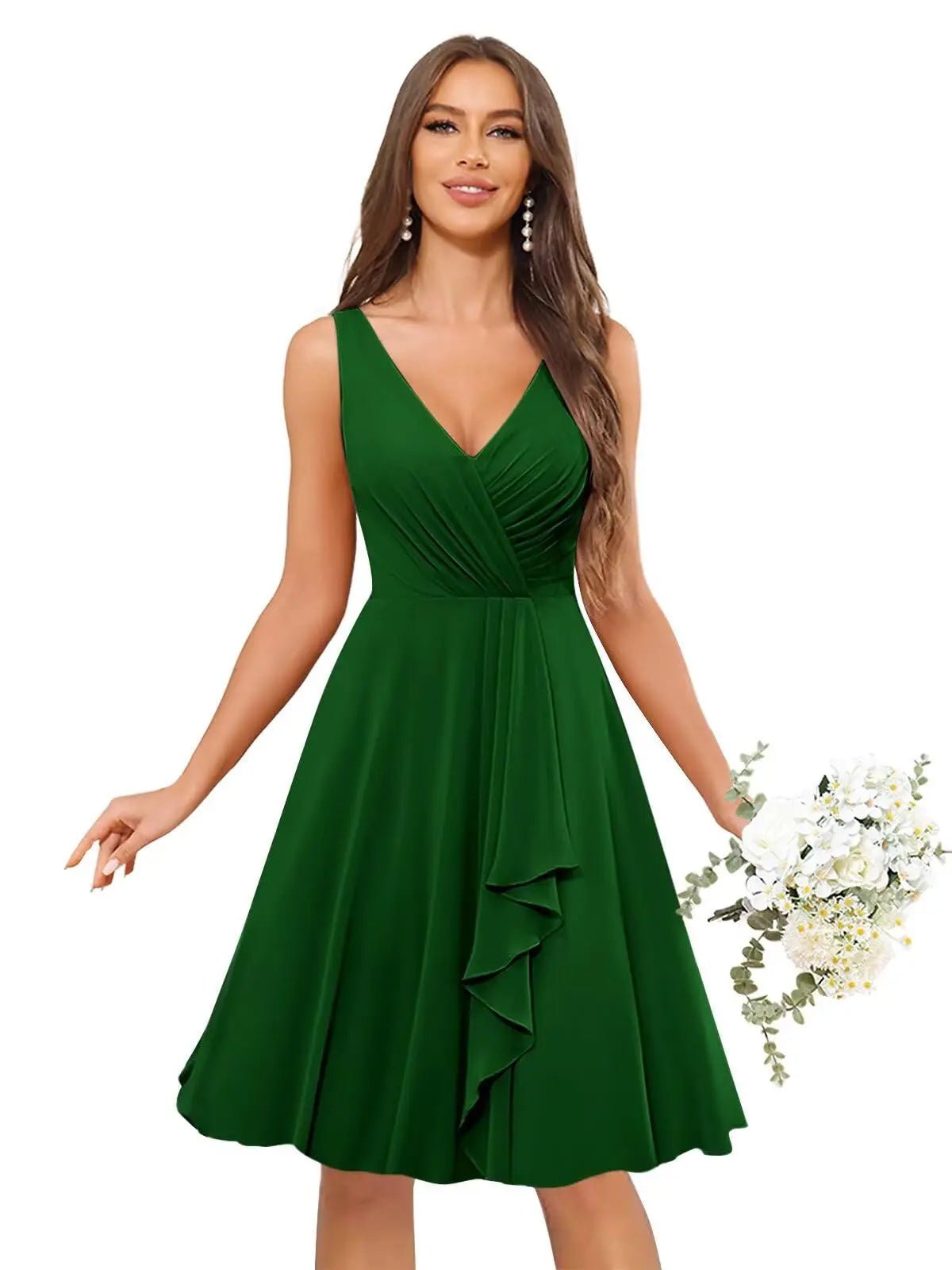 V-Neck Knee-Length Ruffled Chiffon Bridesmaid Dress - Luzilly Bridal & Apparel