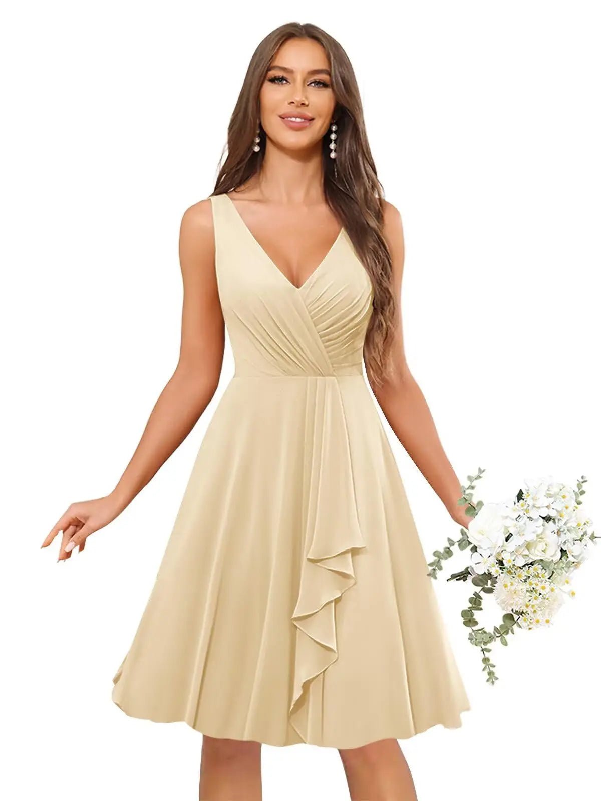 V-Neck Knee-Length Ruffled Chiffon Bridesmaid Dress - Luzilly Bridal & Apparel