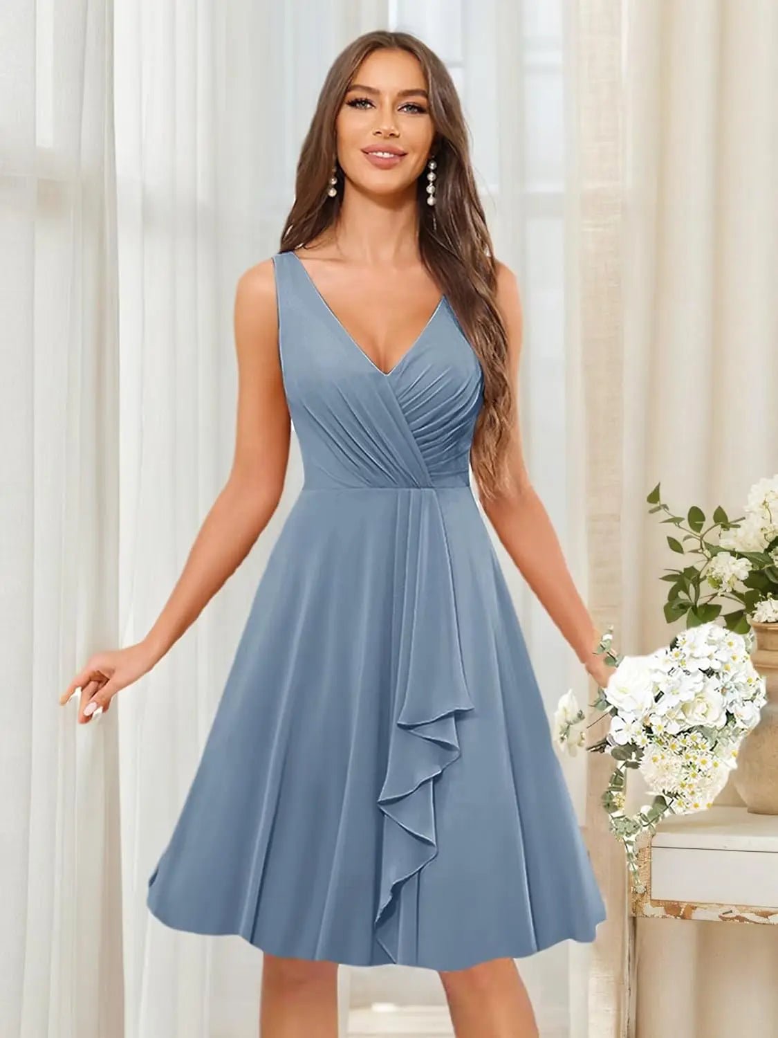 V-Neck Knee-Length Ruffled Chiffon Bridesmaid Dress - Luzilly Bridal & Apparel