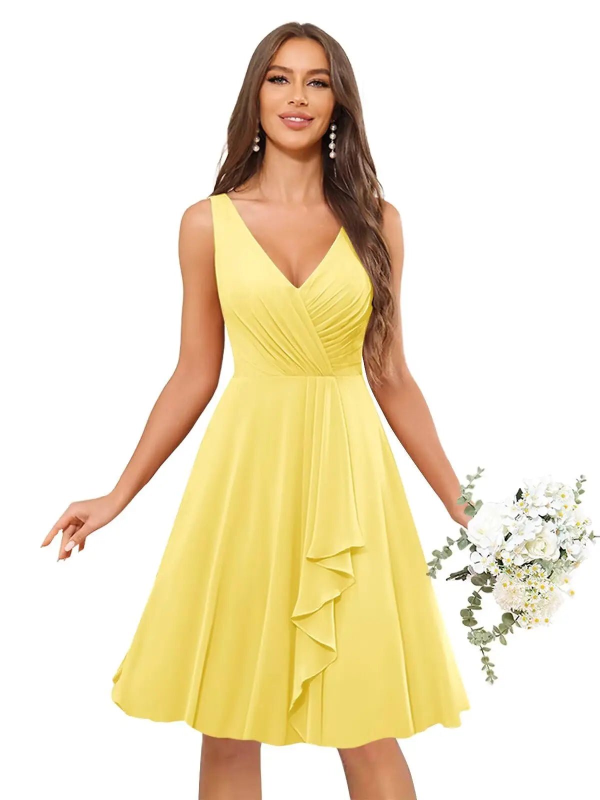 V-Neck Knee-Length Ruffled Chiffon Bridesmaid Dress - Luzilly Bridal & Apparel