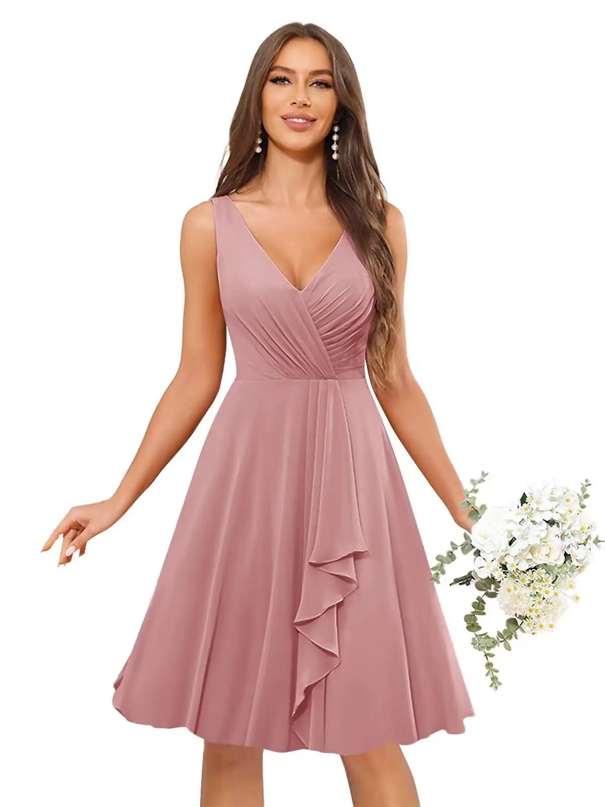 V-Neck Knee-Length Ruffled Chiffon Bridesmaid Dress - Luzilly Bridal & Apparel