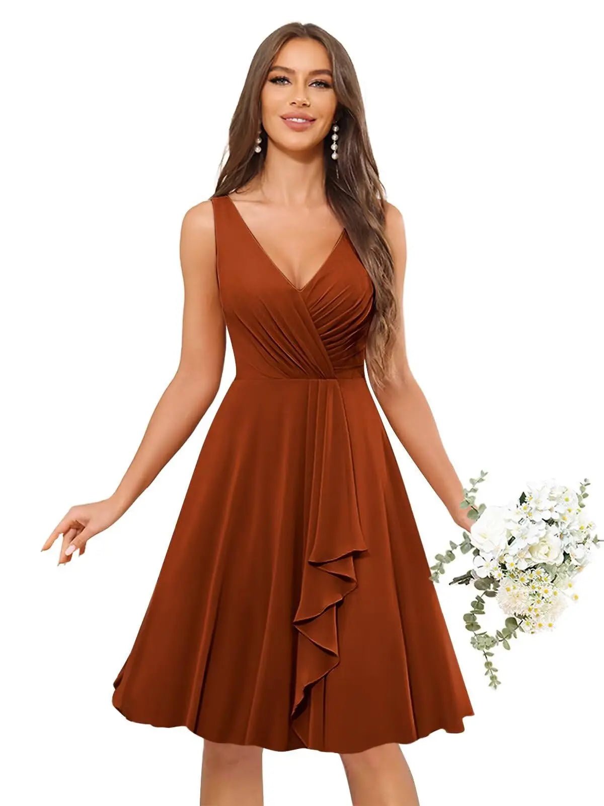 V-Neck Knee-Length Ruffled Chiffon Bridesmaid Dress - Luzilly Bridal & Apparel