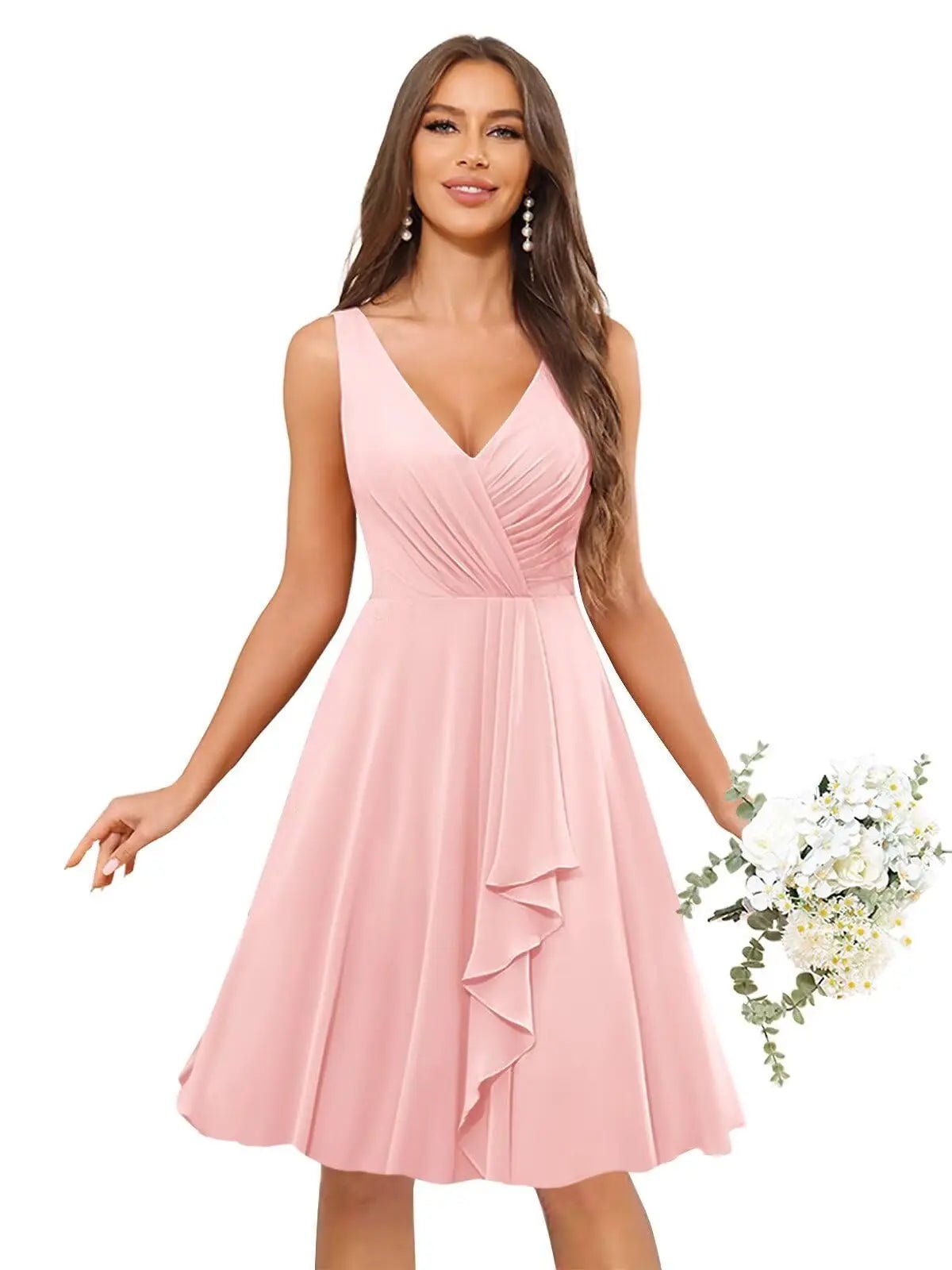V-Neck Knee-Length Ruffled Chiffon Bridesmaid Dress - Luzilly Bridal & Apparel