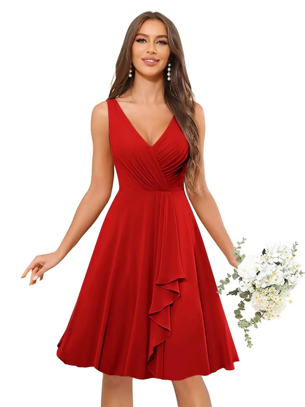 V-Neck Knee-Length Ruffled Chiffon Bridesmaid Dress - Luzilly Bridal & Apparel