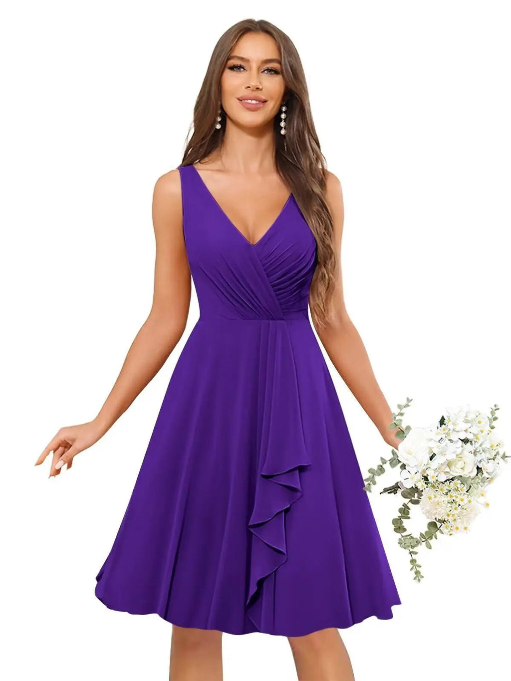 V-Neck Knee-Length Ruffled Chiffon Bridesmaid Dress - Luzilly Bridal & Apparel