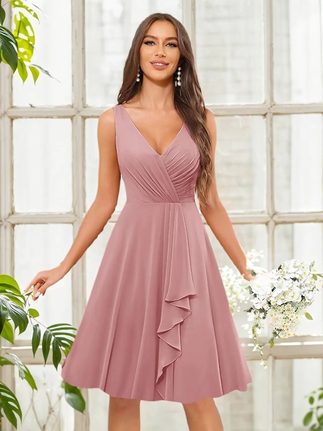 V-Neck Knee-Length Ruffled Chiffon Bridesmaid Dress - Luzilly Bridal & Apparel