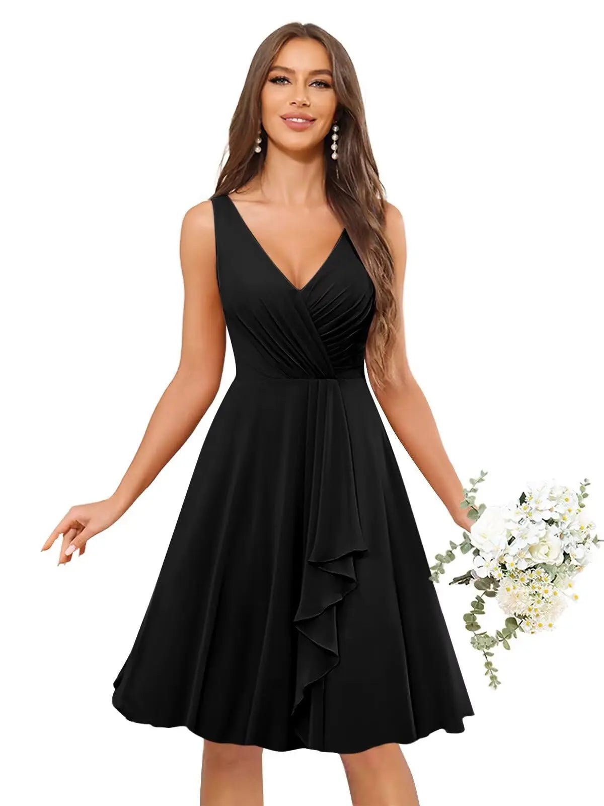 V-Neck Knee-Length Ruffled Chiffon Bridesmaid Dress - Luzilly Bridal & Apparel