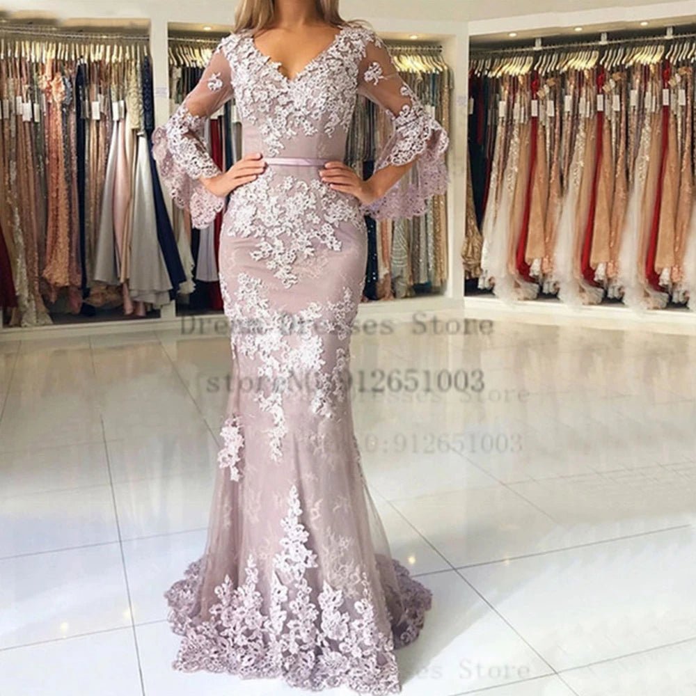 V-Neck Lace Appliqué Open-Back Sheath Mother of the Bride Dress - Luzilly Bridal & Apparel