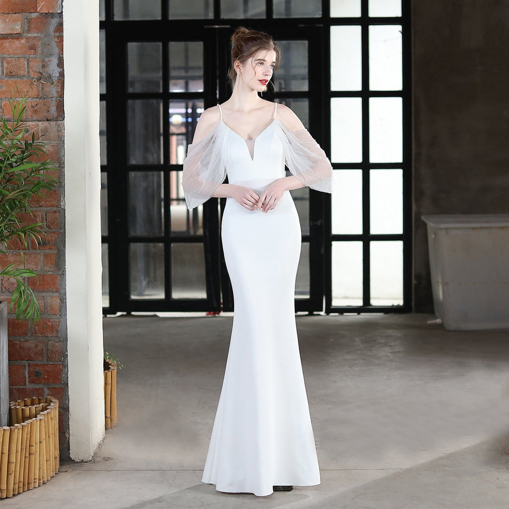 V-Neck Lace Fishtail Wedding Toast Dress - Luzilly Bridal & Apparel