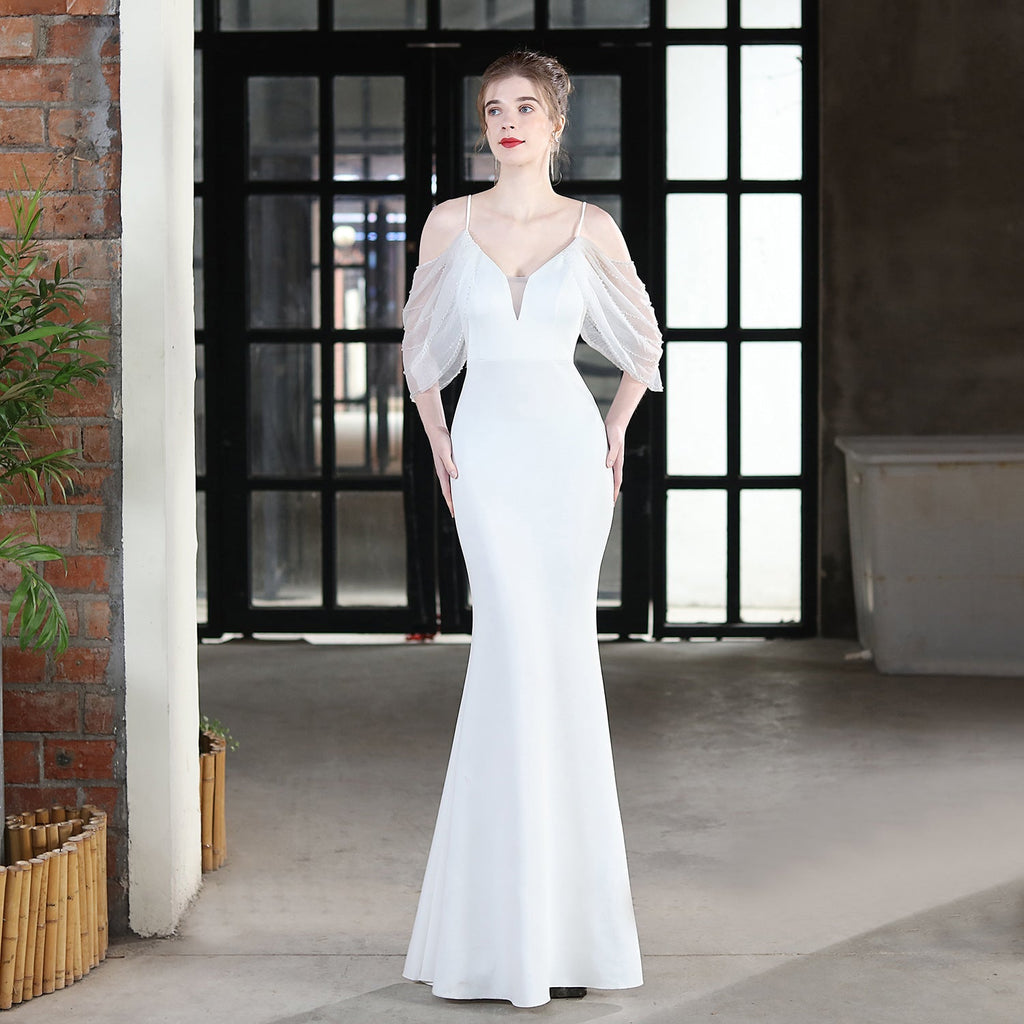 V-Neck Lace Fishtail Wedding Toast Dress - Luzilly Bridal & Apparel