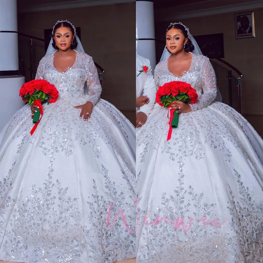 V-Neck Long-Sleeve Sequined Lace A-Line Wedding Dress - Luzilly Bridal & Apparel
