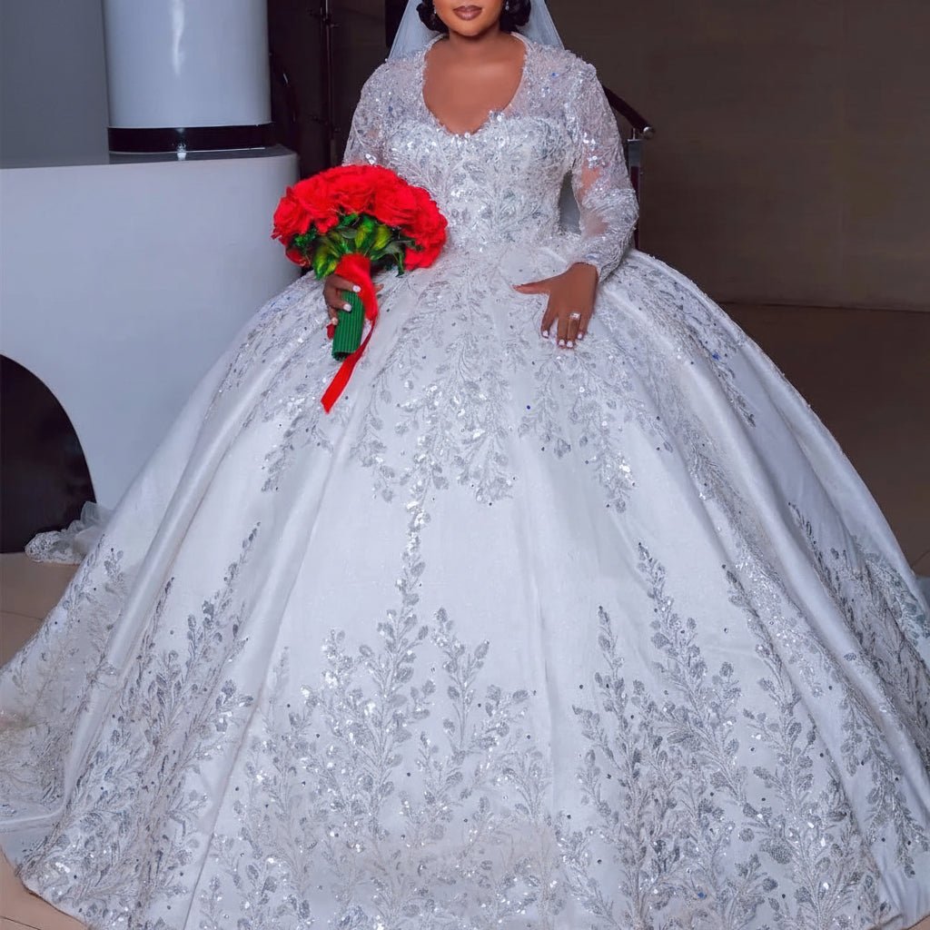 V-Neck Long-Sleeve Sequined Lace A-Line Wedding Dress - Luzilly Bridal & Apparel