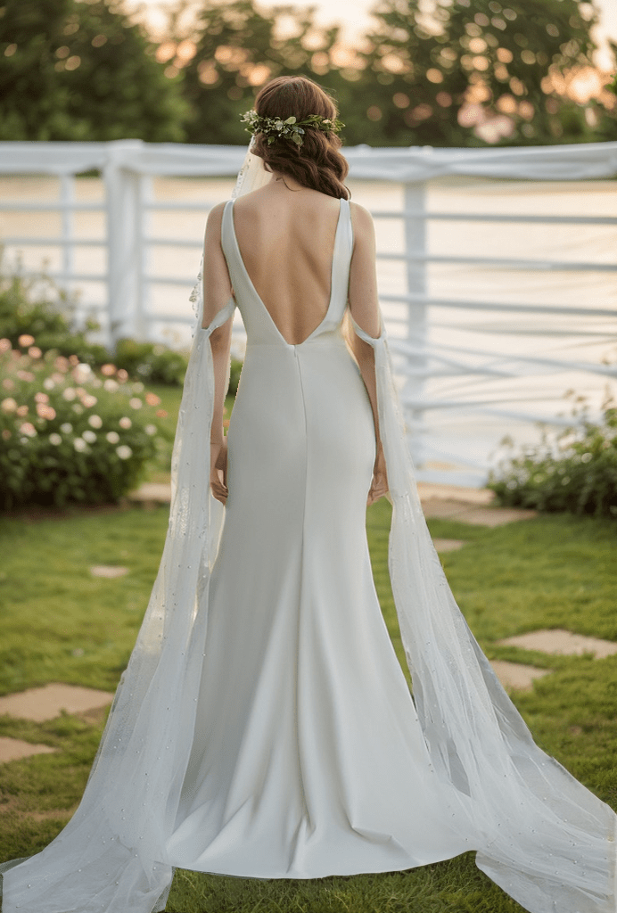 V-neck Low back wide straps Mermaid Satin wedding dress with beaded soft tulle ribbon - Luzilly Bridal & Apparel
