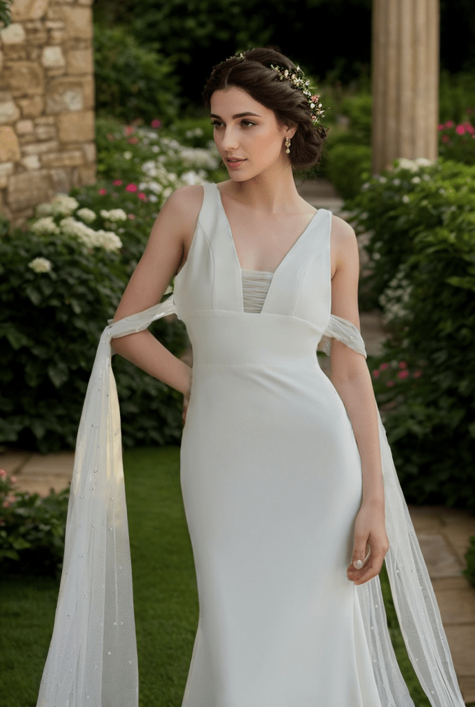 V-neck Low back wide straps Mermaid Satin wedding dress with beaded soft tulle ribbon - Luzilly Bridal & Apparel