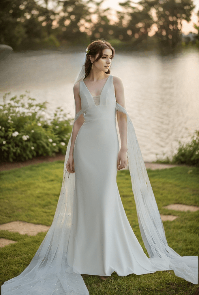 V-neck Low back wide straps Mermaid Satin wedding dress with beaded soft tulle ribbon - Luzilly Bridal & Apparel