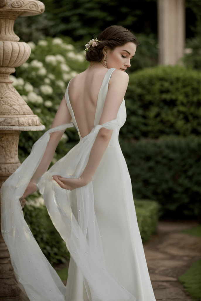 V-neck Low back wide straps Mermaid Satin wedding dress with beaded soft tulle ribbon - Luzilly Bridal & Apparel