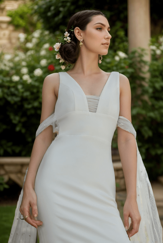 V-neck Low back wide straps Mermaid Satin wedding dress with beaded soft tulle ribbon - Luzilly Bridal & Apparel