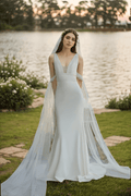 V-neck Low back wide straps Mermaid Satin wedding dress with beaded soft tulle ribbon - Luzilly Bridal & Apparel