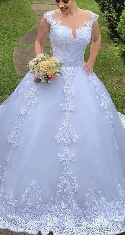 V-Neck Luxury Lace Ball Gown Wedding Dress with Train - Luzilly Bridal & Apparel