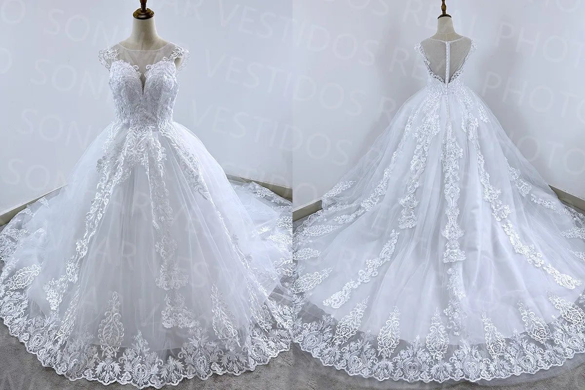 V-Neck Luxury Lace Ball Gown Wedding Dress with Train - Luzilly Bridal & Apparel