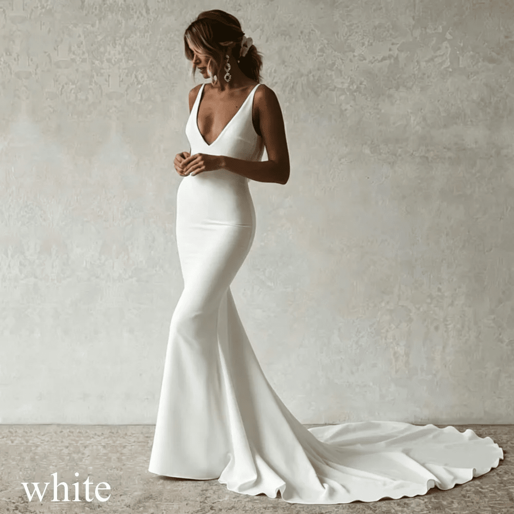 V-Neck Open-Back Satin Boho Mermaid Wedding Dress - Luzilly Bridal & Apparel