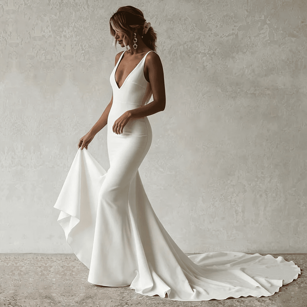 V-Neck Open-Back Satin Boho Mermaid Wedding Dress - Luzilly Bridal & Apparel