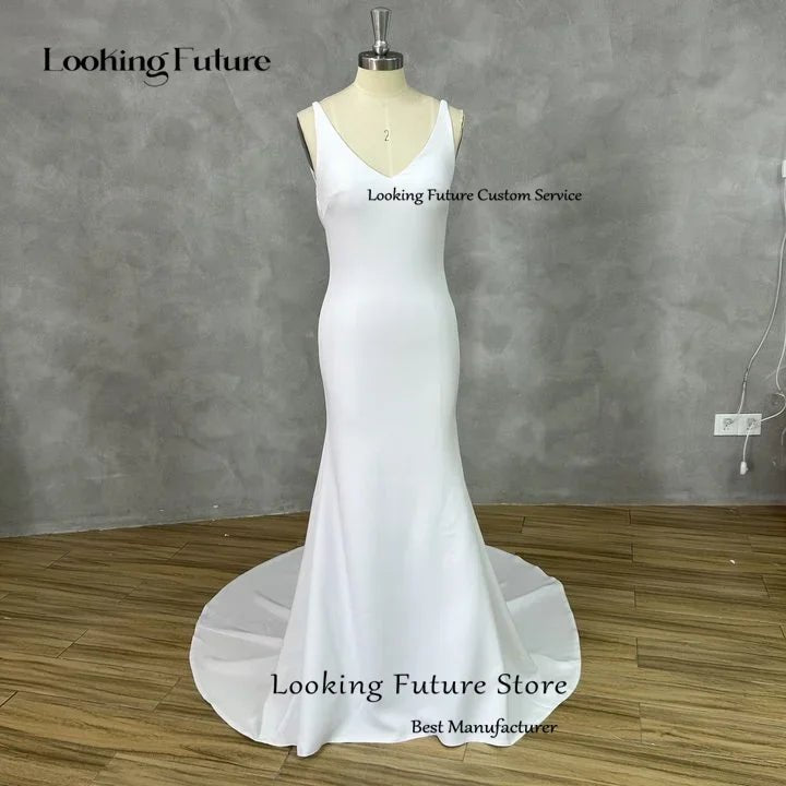 V-Neck Open-Back Satin Boho Mermaid Wedding Dress - Luzilly Bridal & Apparel
