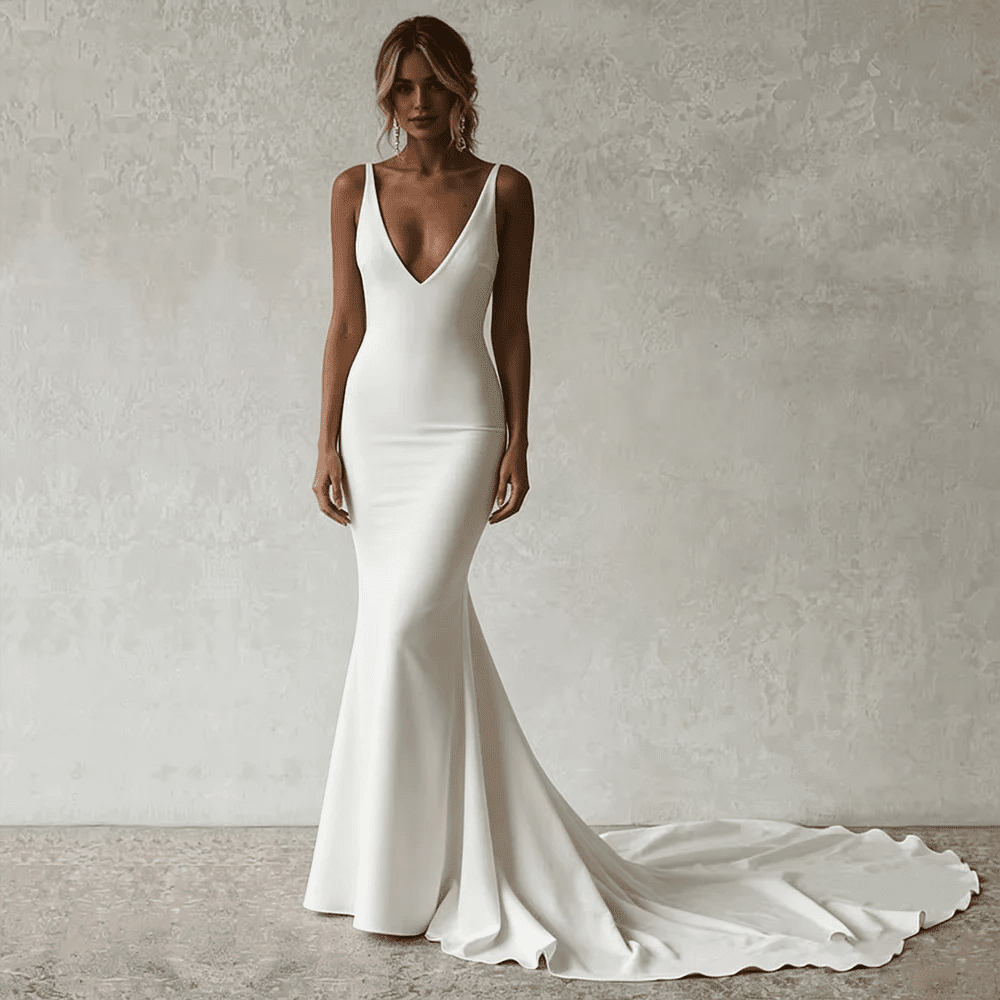 V-Neck Open-Back Satin Boho Mermaid Wedding Dress - Luzilly Bridal & Apparel