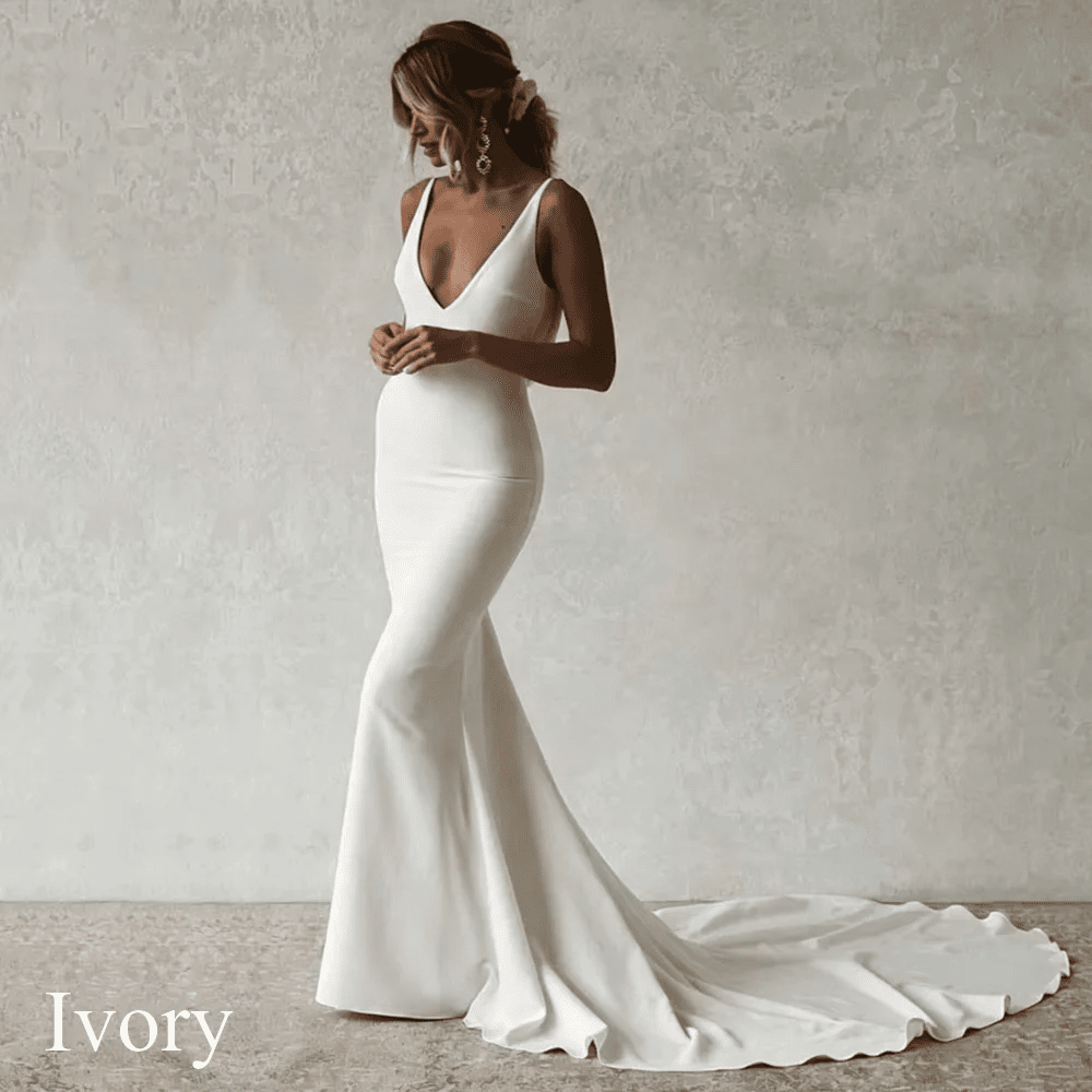 V-Neck Open-Back Satin Boho Mermaid Wedding Dress - Luzilly Bridal & Apparel