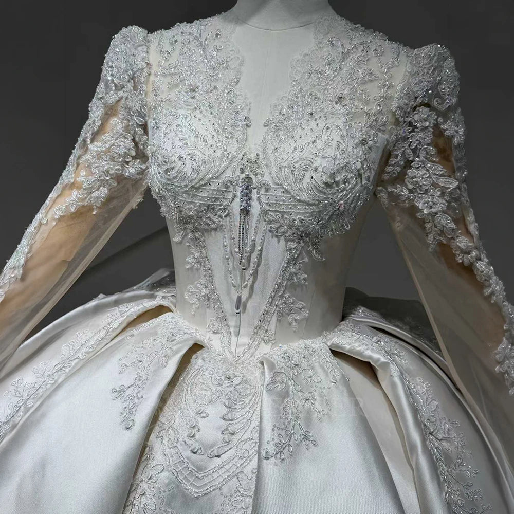 V-Neck Pearl Corset Ball Gown Wedding Dress with Sweep Train - Luzilly Bridal & Apparel