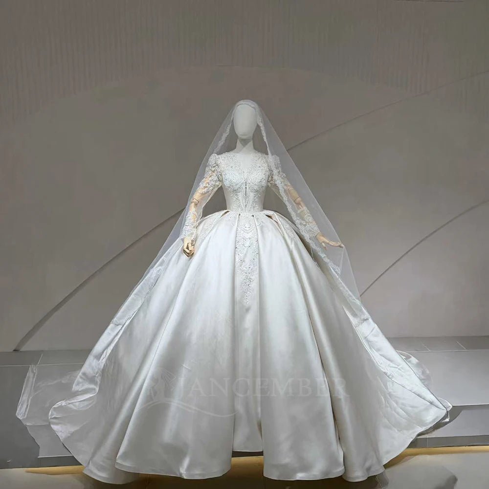 V-Neck Pearl Corset Ball Gown Wedding Dress with Sweep Train - Luzilly Bridal & Apparel