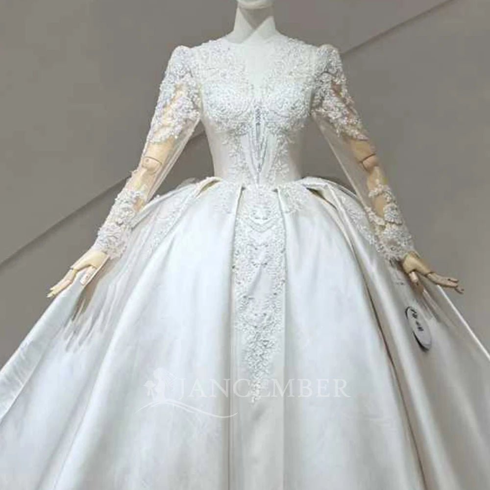 V-Neck Pearl Corset Ball Gown Wedding Dress with Sweep Train - Luzilly Bridal & Apparel