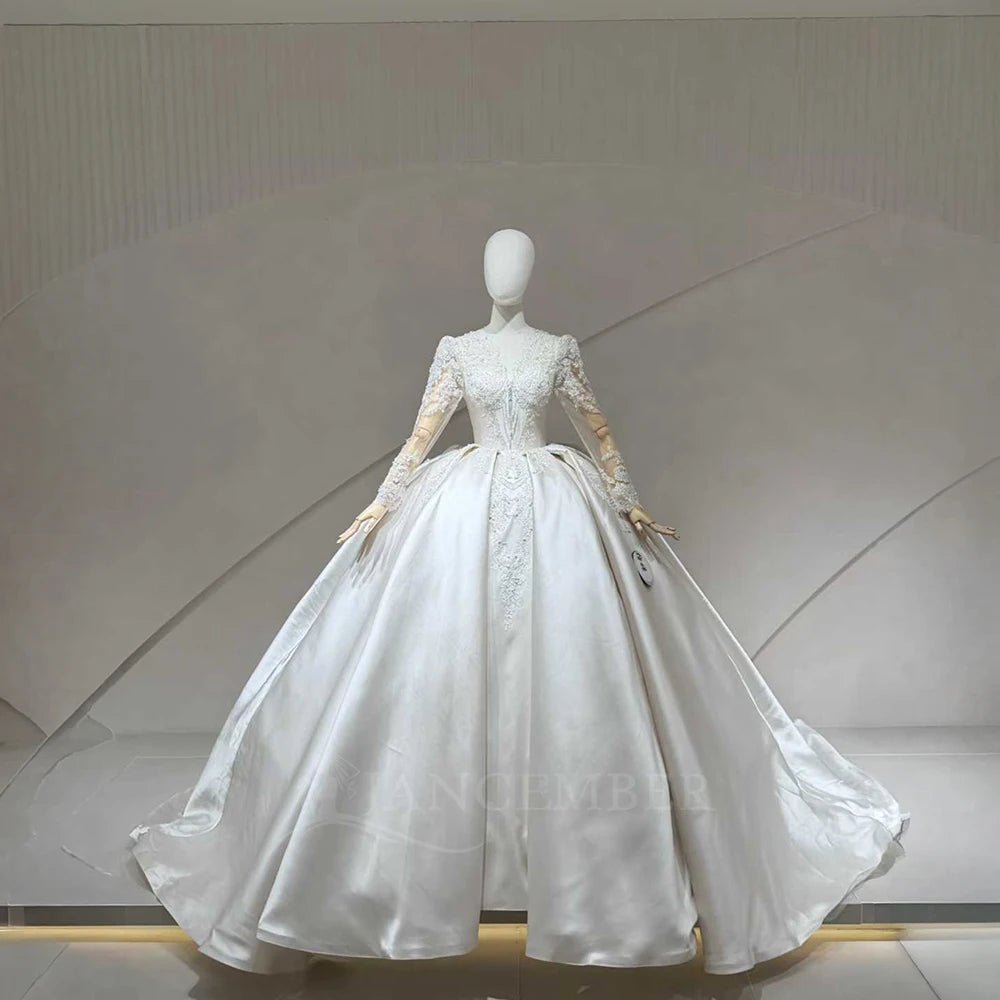 V-Neck Pearl Corset Ball Gown Wedding Dress with Sweep Train - Luzilly Bridal & Apparel
