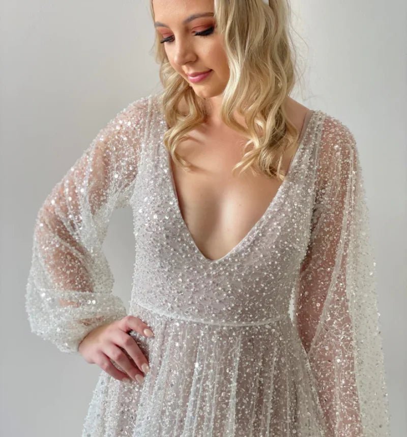 V-Neck Puffy-Sleeve Pearl and Beaded A-Line Wedding Dress - Luzilly Bridal & Apparel