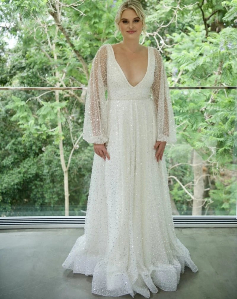 V-Neck Puffy-Sleeve Pearl and Beaded A-Line Wedding Dress - Luzilly Bridal & Apparel