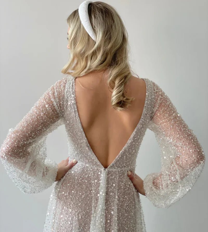 V-Neck Puffy-Sleeve Pearl and Beaded A-Line Wedding Dress - Luzilly Bridal & Apparel
