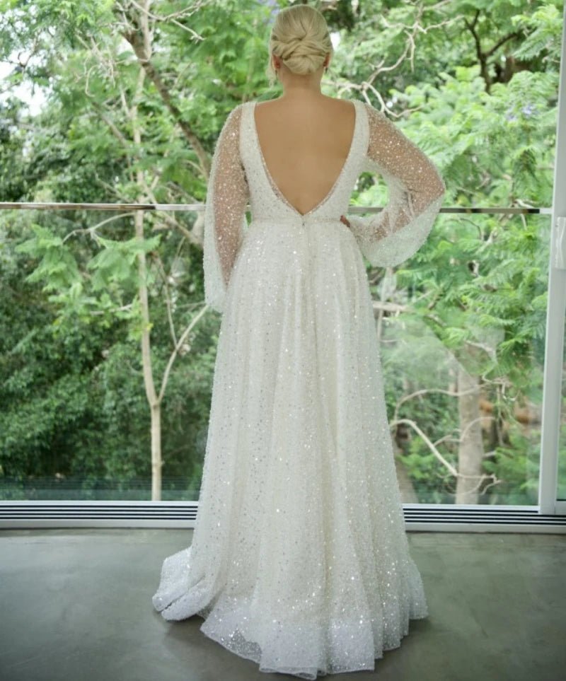 V-Neck Puffy-Sleeve Pearl and Beaded A-Line Wedding Dress - Luzilly Bridal & Apparel