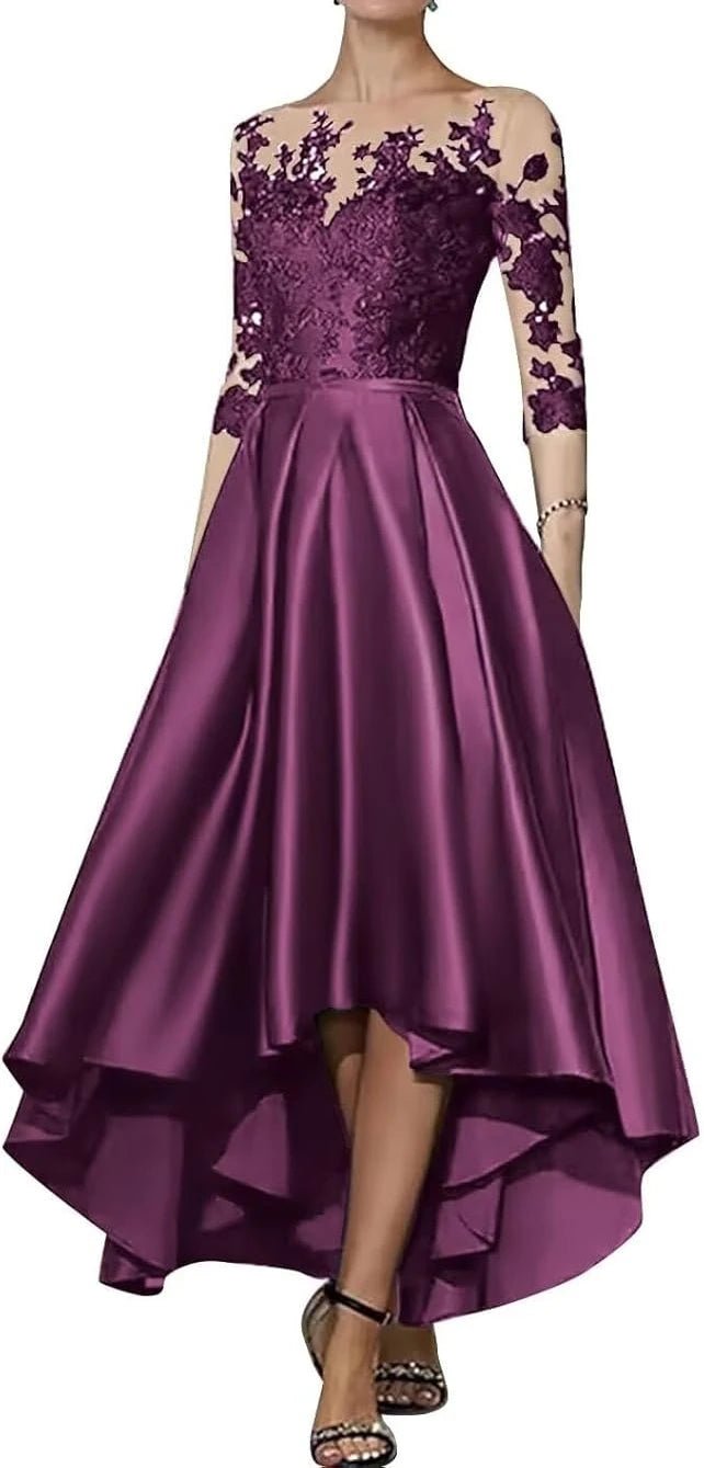 V-Neck Satin Appliqué High-Low Mother of the Bride Dress - Luzilly Bridal & Apparel