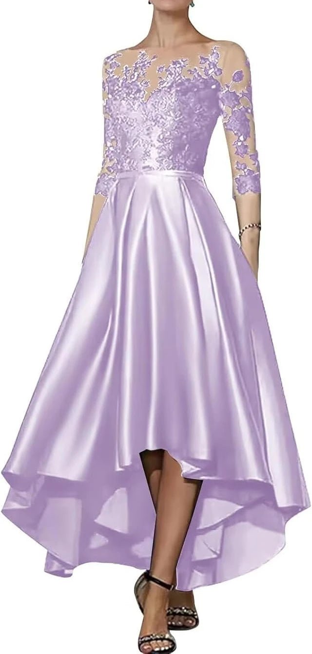 V-Neck Satin Appliqué High-Low Mother of the Bride Dress - Luzilly Bridal & Apparel