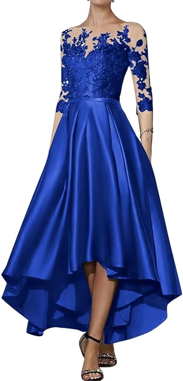 V-Neck Satin Appliqué High-Low Mother of the Bride Dress - Luzilly Bridal & Apparel