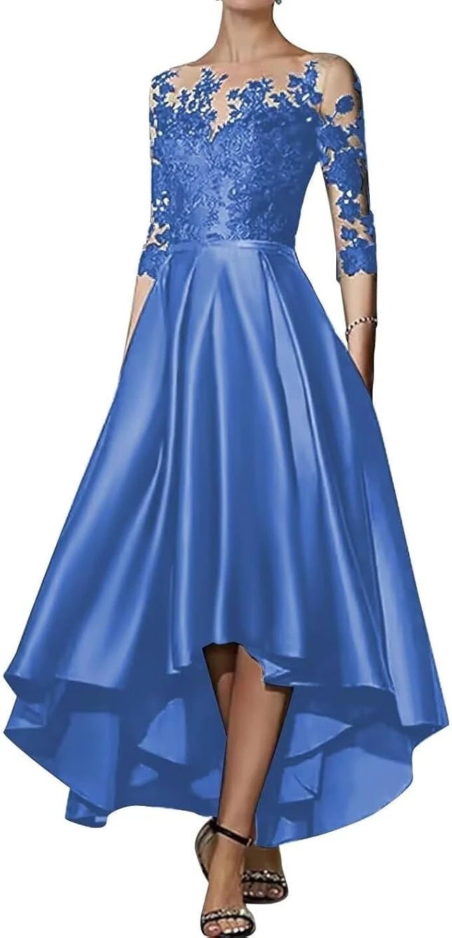 V-Neck Satin Appliqué High-Low Mother of the Bride Dress - Luzilly Bridal & Apparel