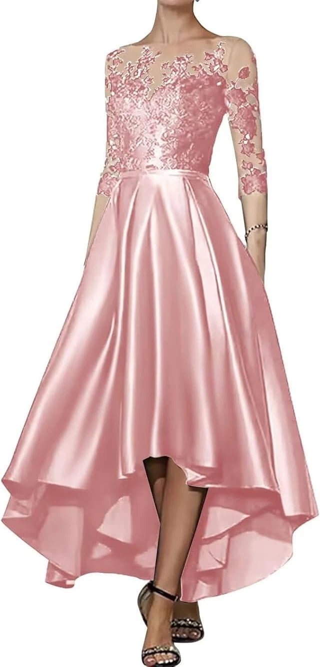 V-Neck Satin Appliqué High-Low Mother of the Bride Dress - Luzilly Bridal & Apparel