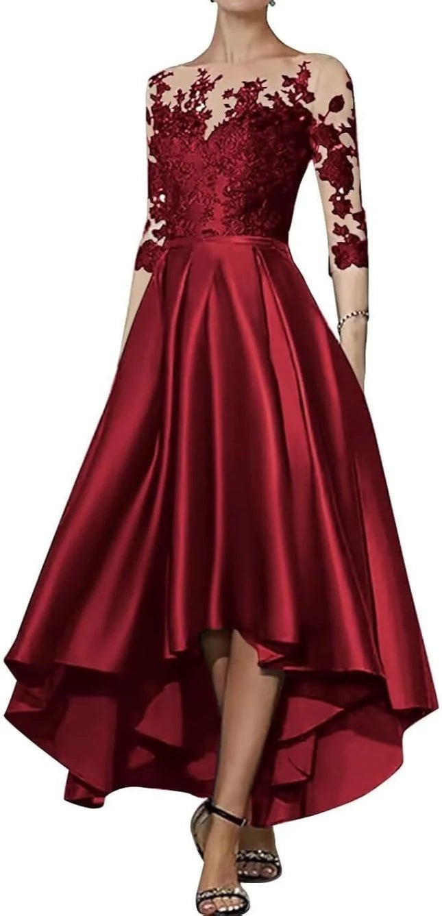 V-Neck Satin Appliqué High-Low Mother of the Bride Dress - Luzilly Bridal & Apparel