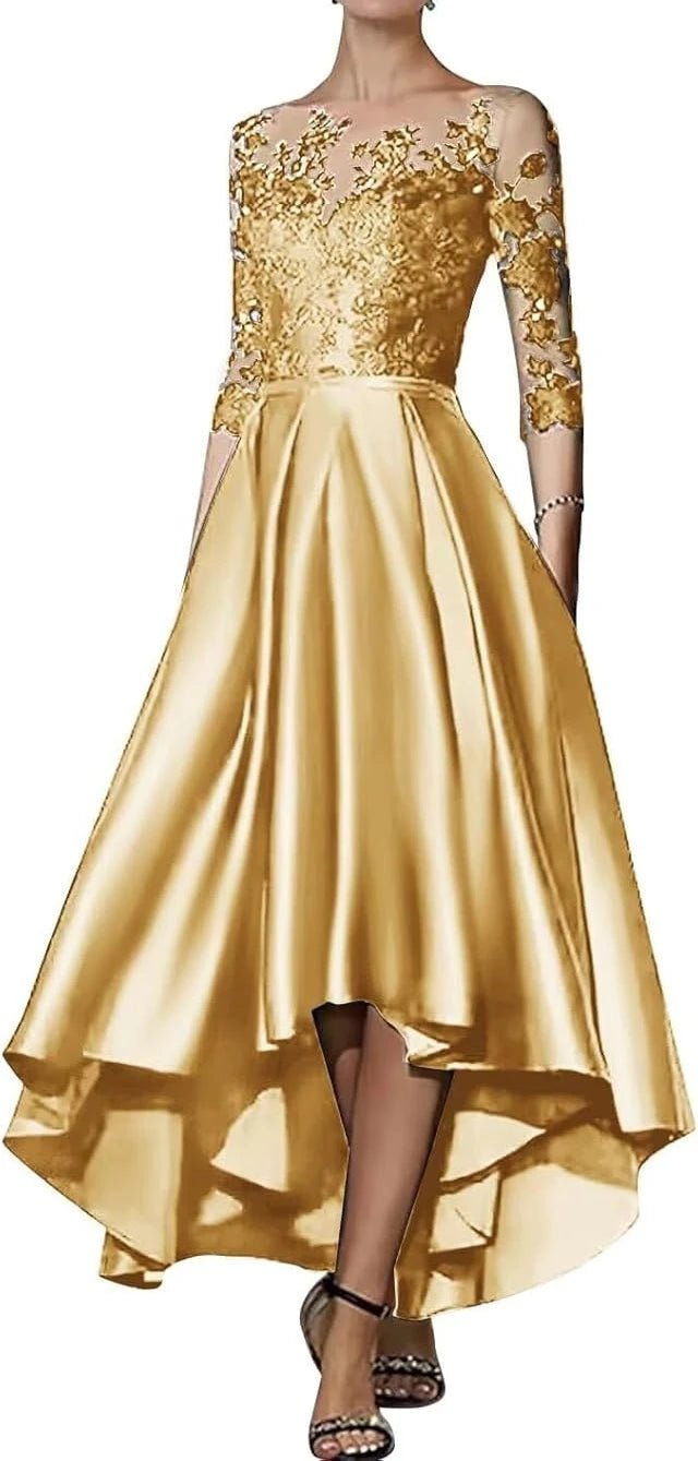 V-Neck Satin Appliqué High-Low Mother of the Bride Dress - Luzilly Bridal & Apparel