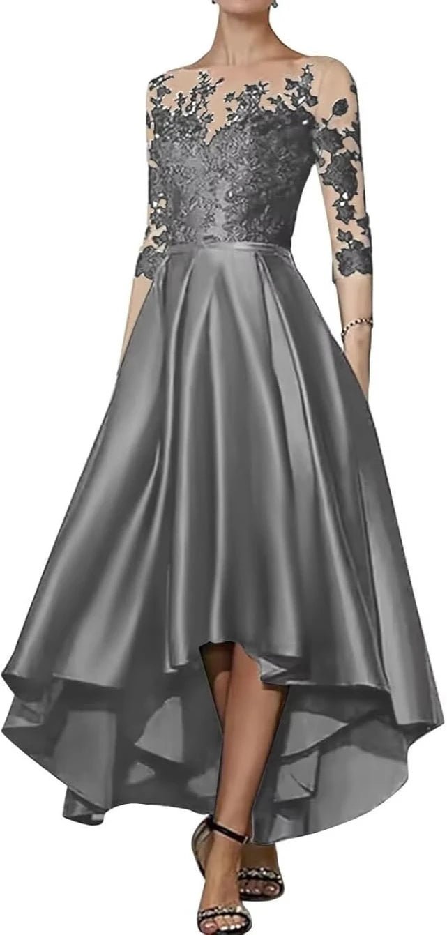 V-Neck Satin Appliqué High-Low Mother of the Bride Dress - Luzilly Bridal & Apparel