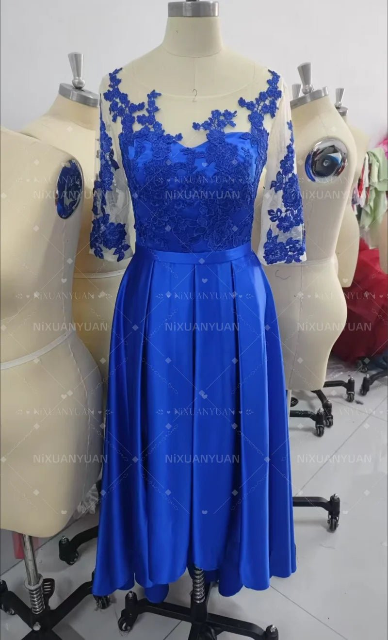 V-Neck Satin Appliqué High-Low Mother of the Bride Dress - Luzilly Bridal & Apparel