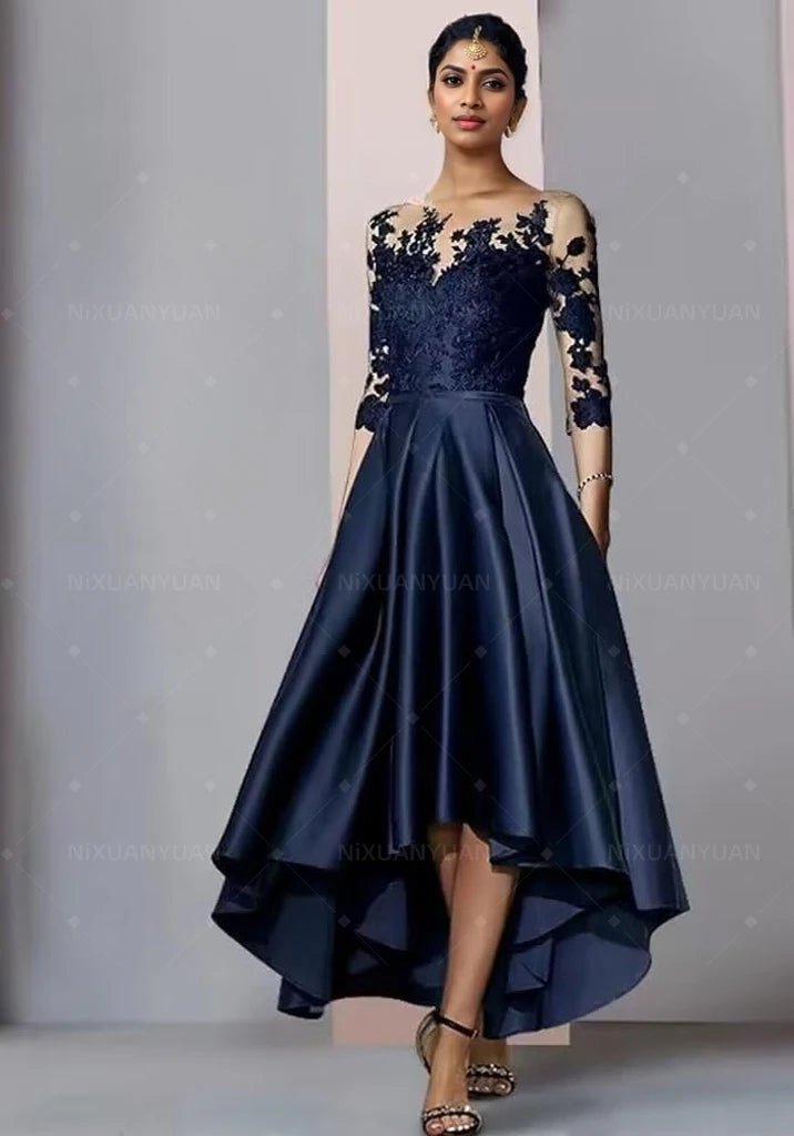 V-Neck Satin Appliqué High-Low Mother of the Bride Dress - Luzilly Bridal & Apparel