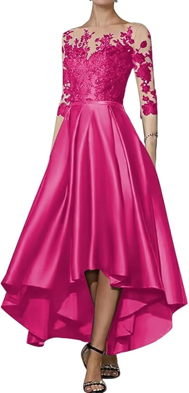 V-Neck Satin Appliqué High-Low Mother of the Bride Dress - Luzilly Bridal & Apparel