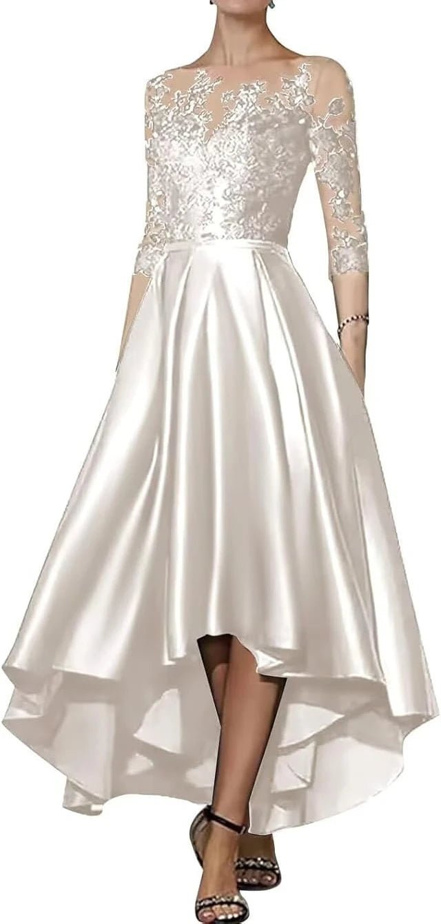 V-Neck Satin Appliqué High-Low Mother of the Bride Dress - Luzilly Bridal & Apparel