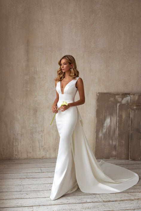 V-Neck Sleeveless A-Line Wedding Dress with Train - Luzilly Bridal & Apparel